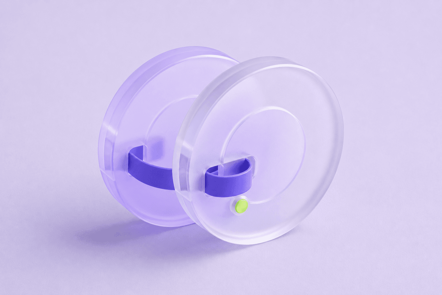 Pastel 3D render: two identical glass coins overlapping, joined by a violet ribbon