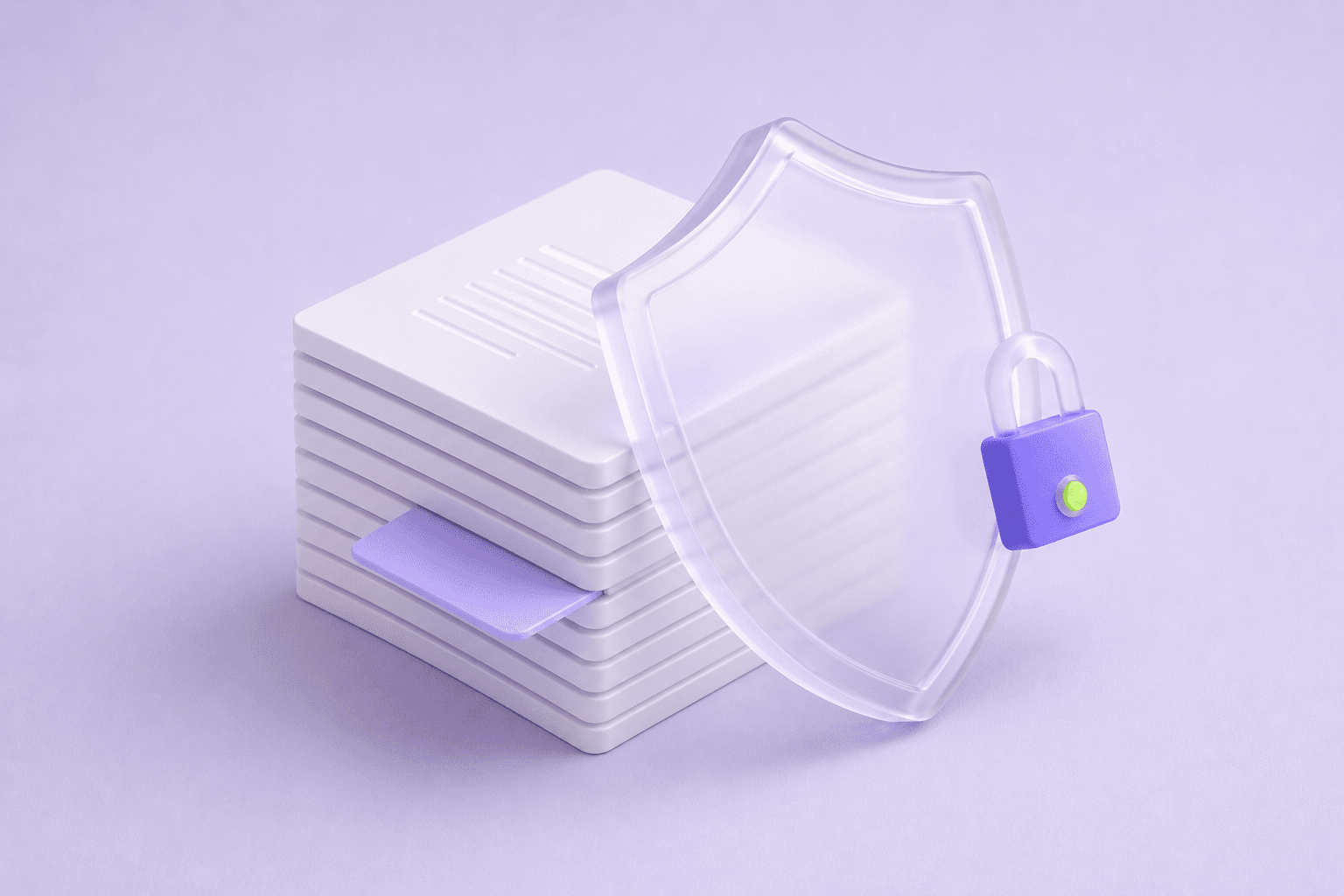 Pastel 3D render: a glass shield with a violet padlock guarding a document stack, one page exposed