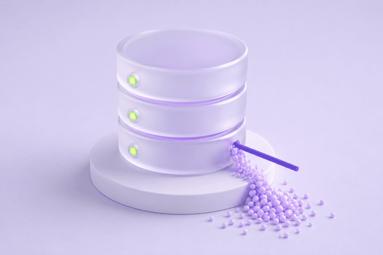 Pastel 3D render: a needle piercing a glass database stack, data spheres spilling out