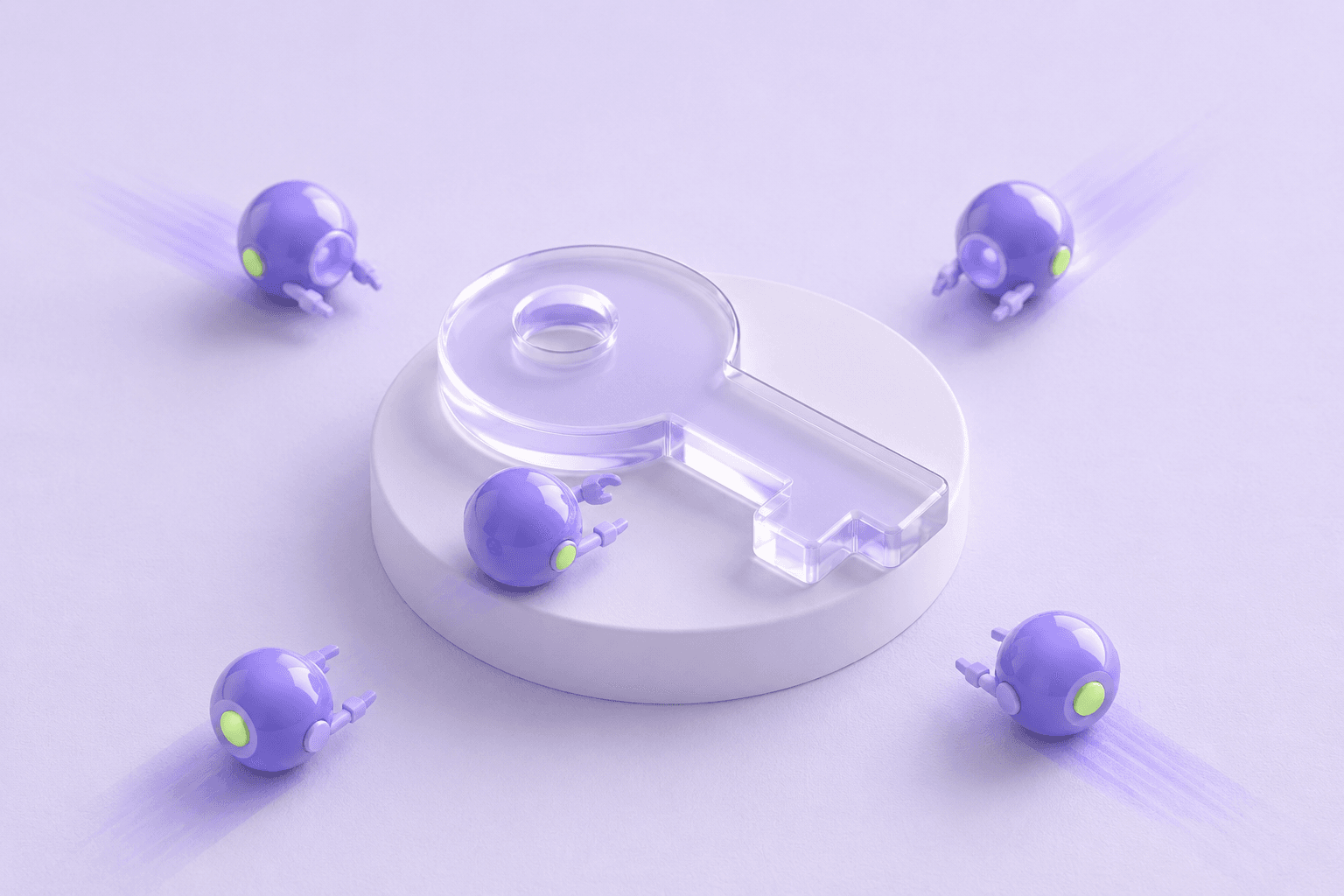 Pastel 3D render: robot spheres rushing toward an exposed glass key on a pedestal