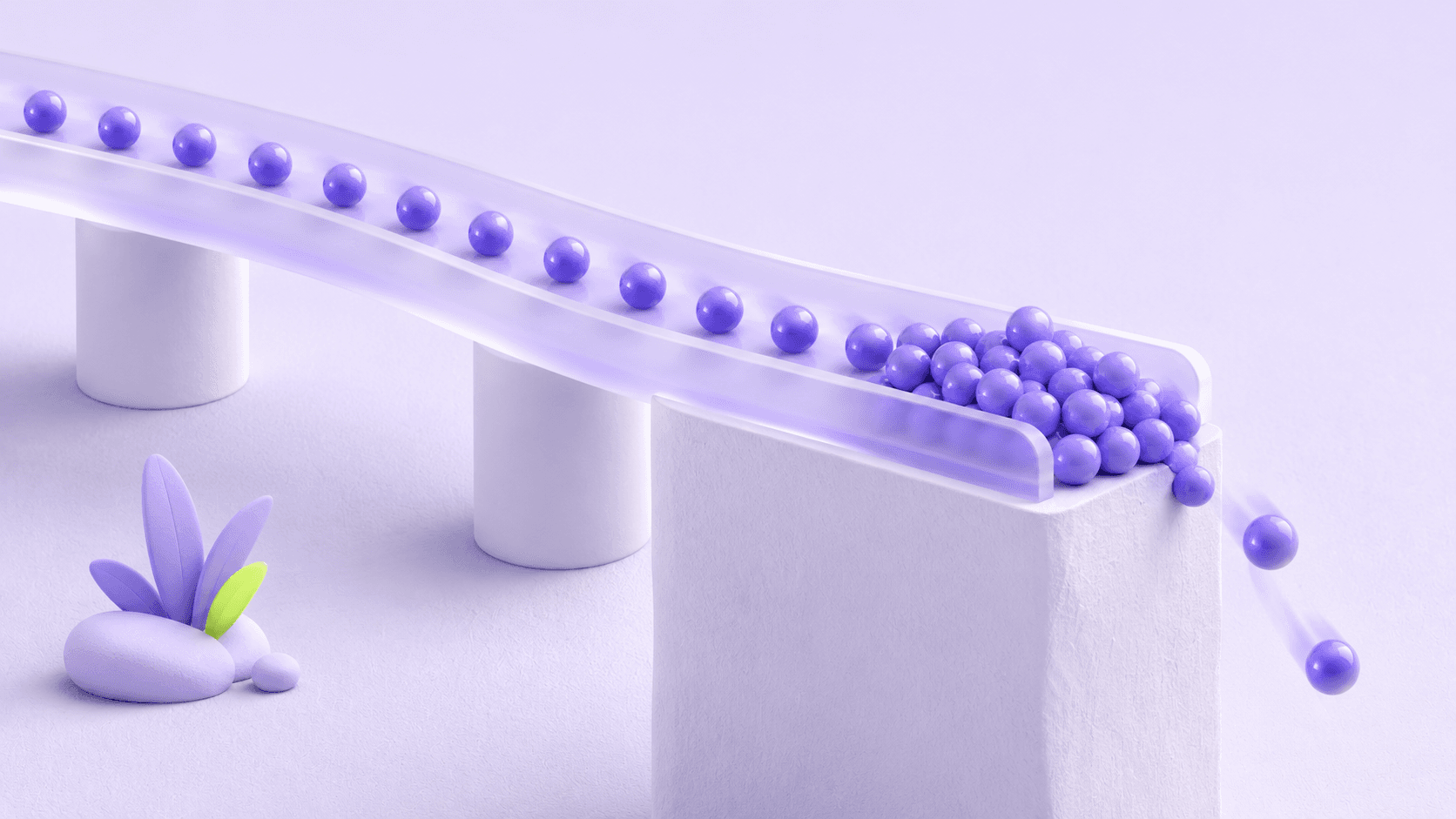 Pastel 3D render: a queue of spheres jamming on a glass ramp and falling off a cliff edge